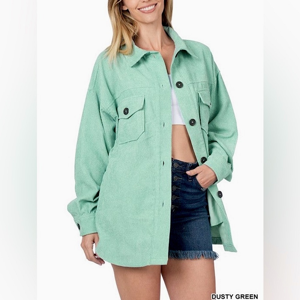 🍒BOGO50%🍒🆕🩵ZENANA: DUSTY GREEN Oversized Corduroy Shacket SMALL